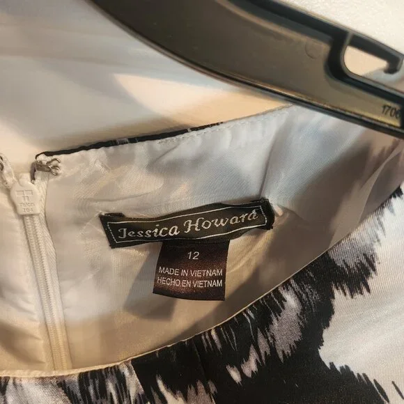 EUC -Jessica Howard Women's Floral Black & White/Pink Bow Belted Dress-Size 12 - Picture 5 of 11